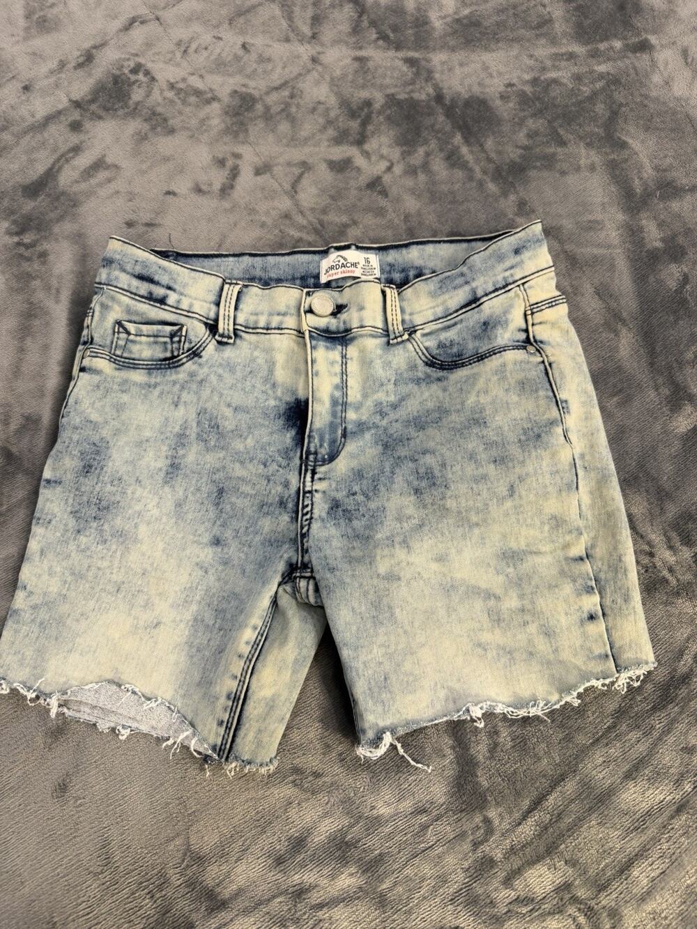Jordache Acid Wash Blue DIY Cutoff Distressed Jean Shorts Stone Wash Sz 16 Y2K